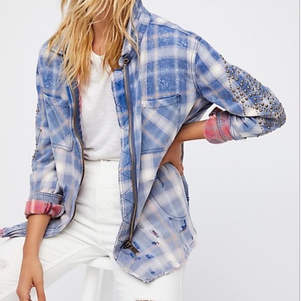 Free People deconstructed plaid studded jacket